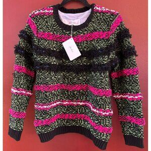 Julien David Women's Pink Black Green Shaggy Striped Wool Sweater Medium NWT